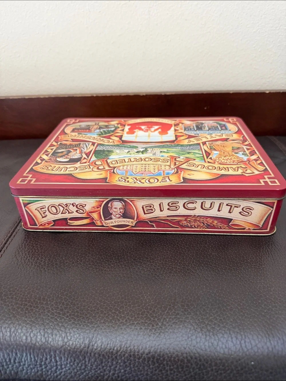 Vintage Fox's Famous Assorted Biscuits Tin Features Nostalgic Heritage Artwork